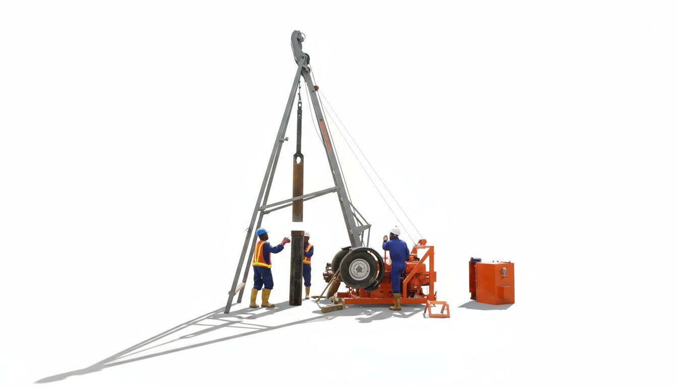 Схема ударно-канатной установки: мачта, блок, трос, желонка/стакан, лебёдка